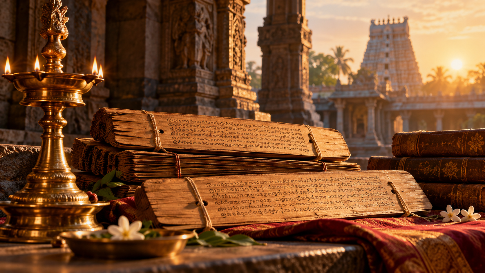 Traditional palm-leaf manuscripts and a brass oil lamp against the backdrop of Tamil Nadu temple architecture